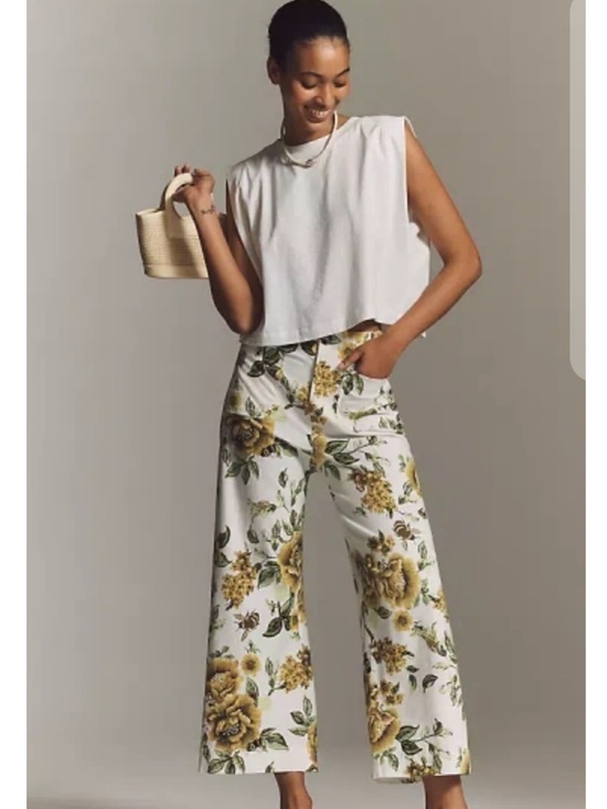 Mauve Pants - New- Mauve White Wide-Leg Pants with Yellow Floral Print